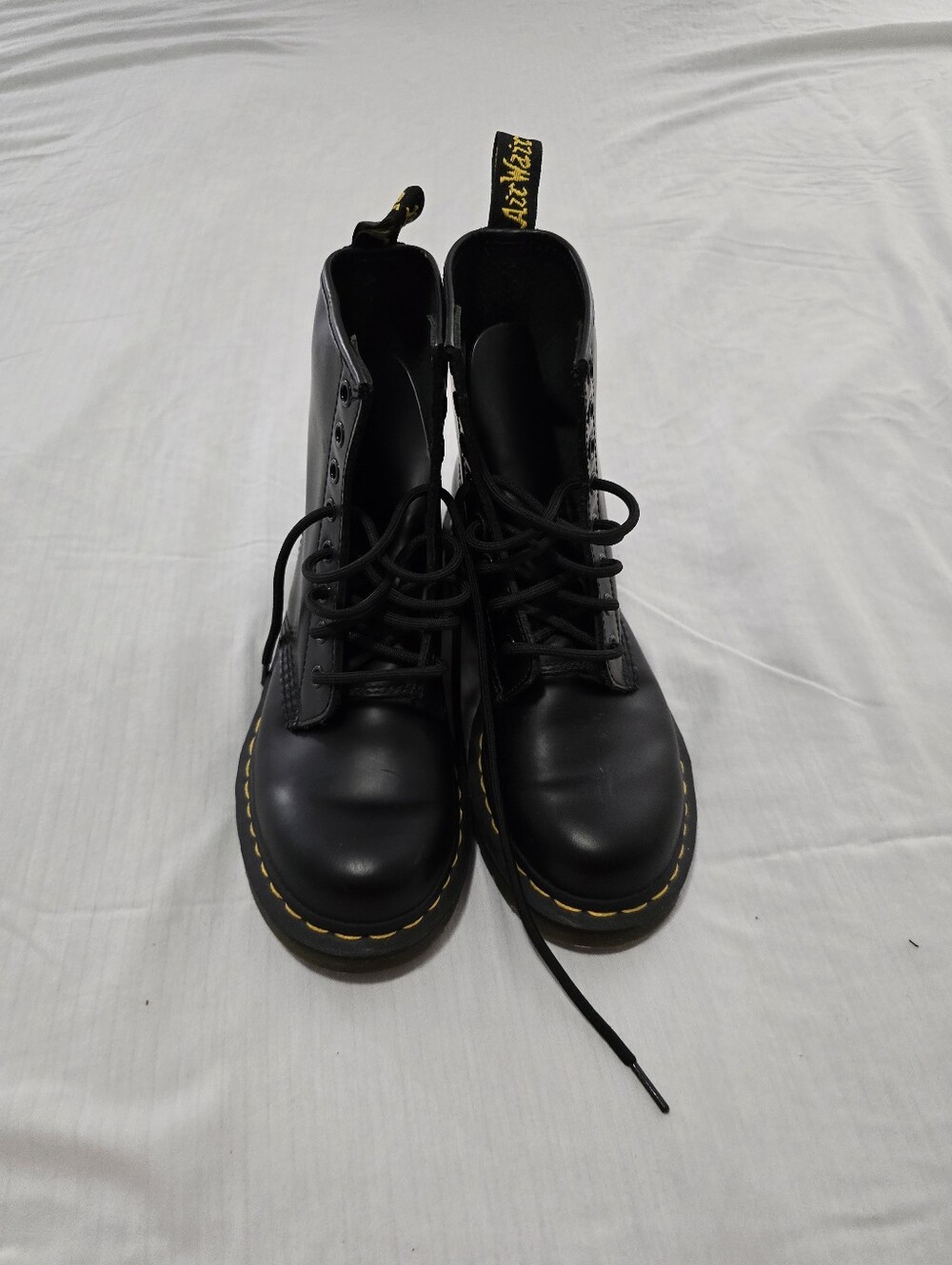 Dr. Martens Black Leather Lace-Up Ankle Boots with Yellow Stitching